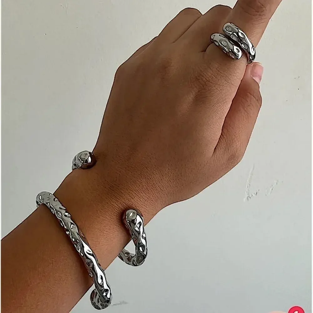 Stainless Steel Irregular Contour Bracelet Bangle Cuff Hammered - Picture 3 of 8
